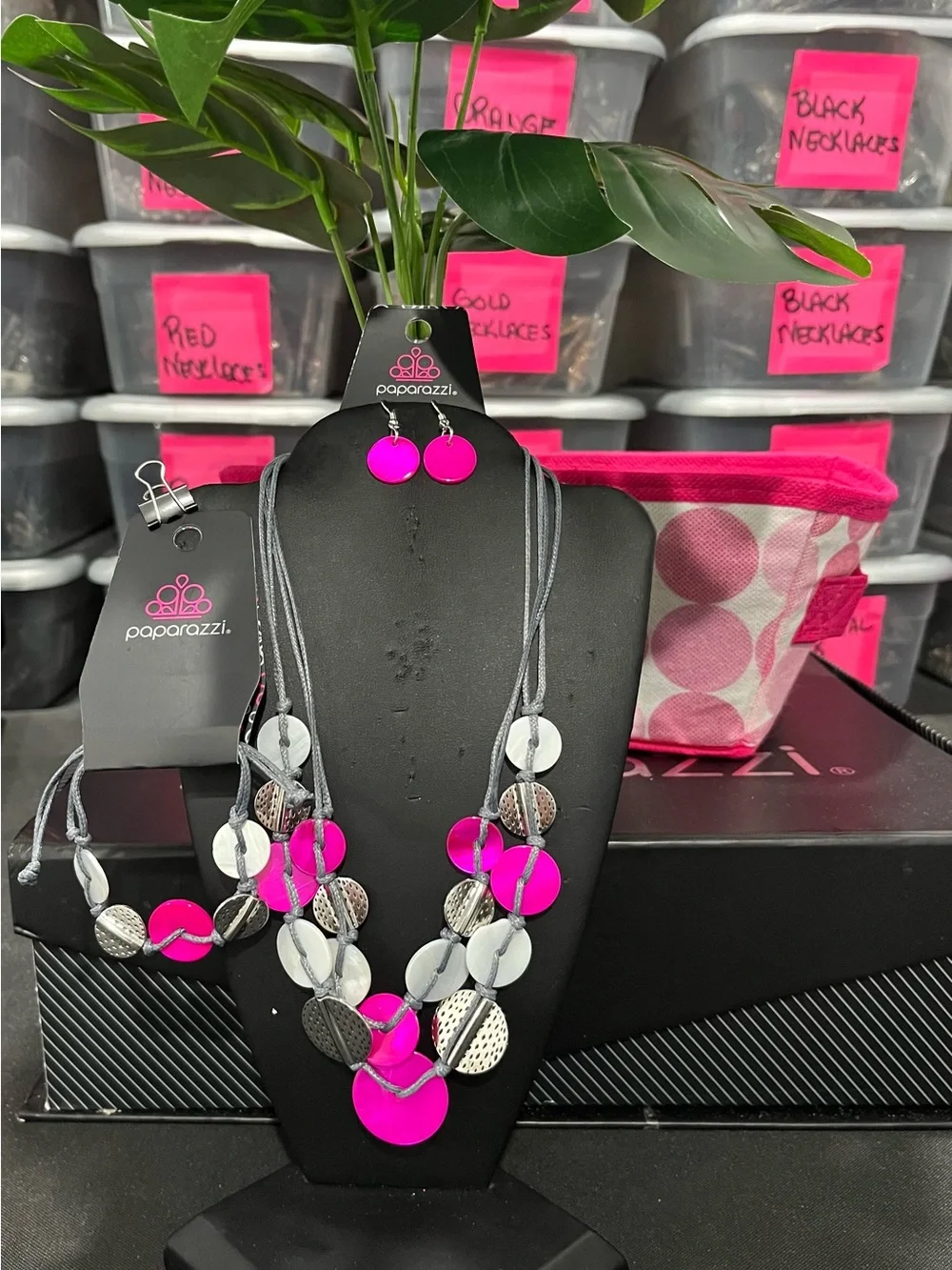 paparazzi Hot Pink and Silver Multi-Disc Layered Necklace Set
